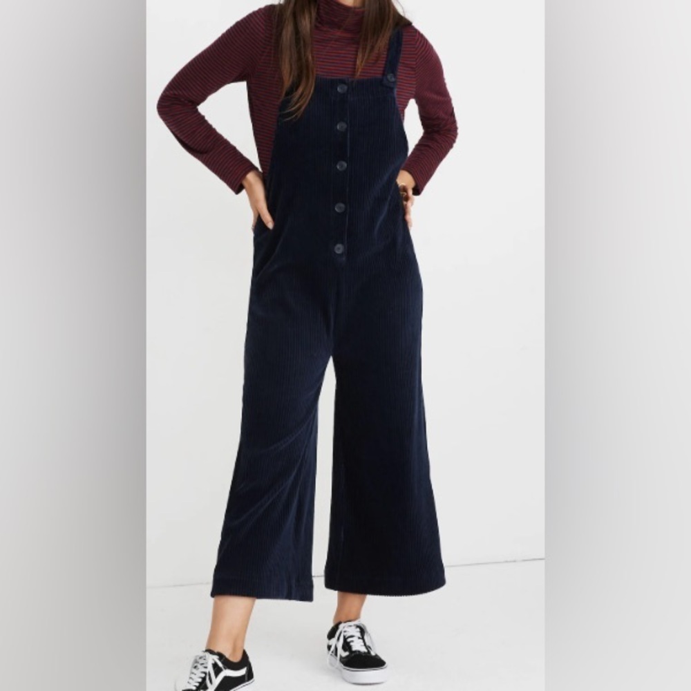 Madewell | Texture & Thread Navy Blue Velour Corduroy Overalls | Wide Leg | L